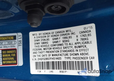 2015 Honda Civic Lx из США, поврежденный, VIN 2HGFG3B57FH514420